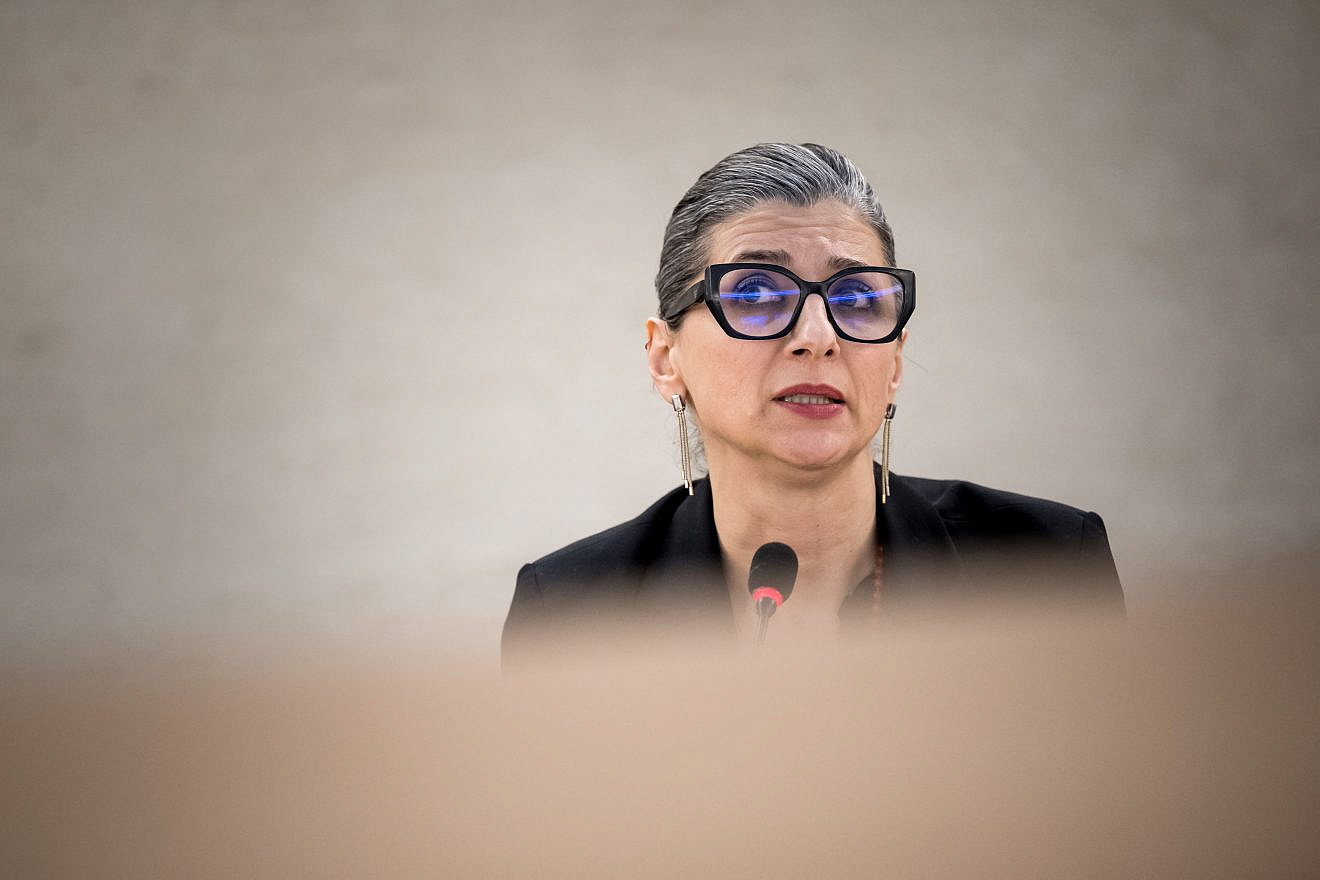 Francesca Albanese, U.N. special rapporteur to the Palestinians, during a session of the UN Human Rights Council, in Geneva, on March 26, 2024. Photo by Fabrice Coffrini/AFP via Getty Images.