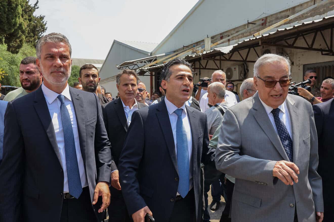 From left: Lebanon's ministers of tourism Walid Nassar, public works and transportation Ali Hamiyeh and foreign affairs Abdallah Bou Habib take part in a tour for Lebanese and International media outlets in Beirut's international airport on June 24, 2024. Photo by Anwar Amro/AFP via Getty Images.