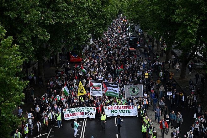 Anti-Israel protesters at the pro-Hamas "National March for Gaza" in London on July 6, 2024. Credit: Justin Tallis/AFP via Getty Images.