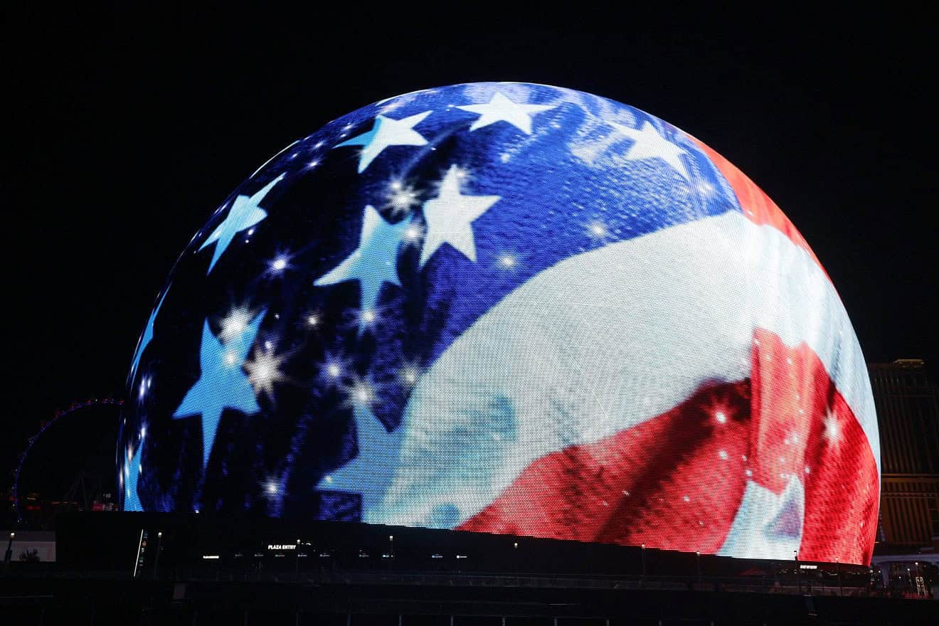 An image of the American flag lights up the 580,000-square-foot Exosphere at Sphere as part of a Fourth of July celebration in Las Vegas on July 4, 2024. Credit: Ethan Miller/Getty Images.