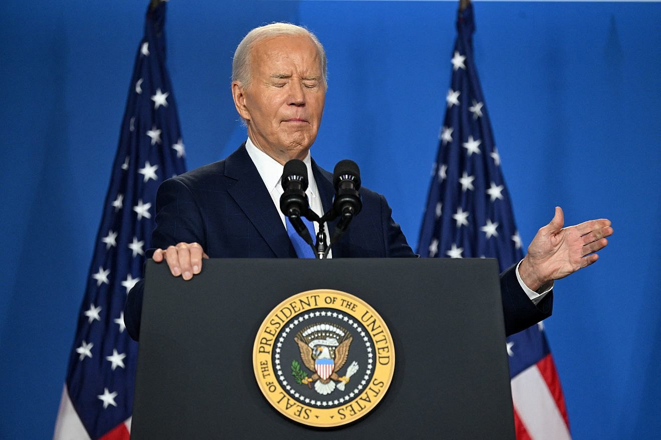U.S. President Joe Biden gestures as he speaks during a press conference at the close of the 75th NATO Summit at the Walter E. Washington Convention Center in Washington, D.C., on July 11, 2024. Photo by Saul Loeb/AFP via Getty Images.