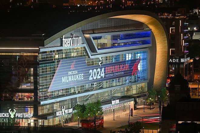 The Fiserv Forum stands illuminated at night ahead of the 2024 Republican National Convention on July 12, 2024 in Milwaukee, Wisconsin. The convention will take place from July 15 to the 18th. Photo by Patrick T. Fallon/AFP via Getty Images.