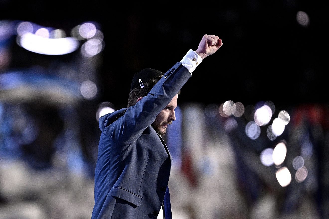 Shabbos Kestenbaum gestures after speaking during the third day of the 2024 Republican National Convention at the Fiserv Forum in Milwaukee, Wisconsin, on July 17, 2024. Photo by Brendan Smialowski/AFP via Getty Images.