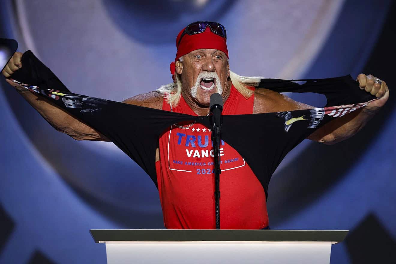 Professional entertainer and wrestler Hulk Hogan rips his shirt as he speaks on stage on the fourth day of the Republican National Convention at the Fiserv Forum on July 18, 2024 in Milwaukee, Wisconsin. Photo by Chip Somodevilla/Getty Images.