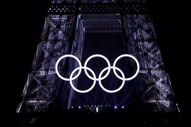The Olympic logo at the conclusion of the opening ceremony of the Olympic Games in Paris on July 26, 2024. Photo by Hector Vivas/Getty Images.