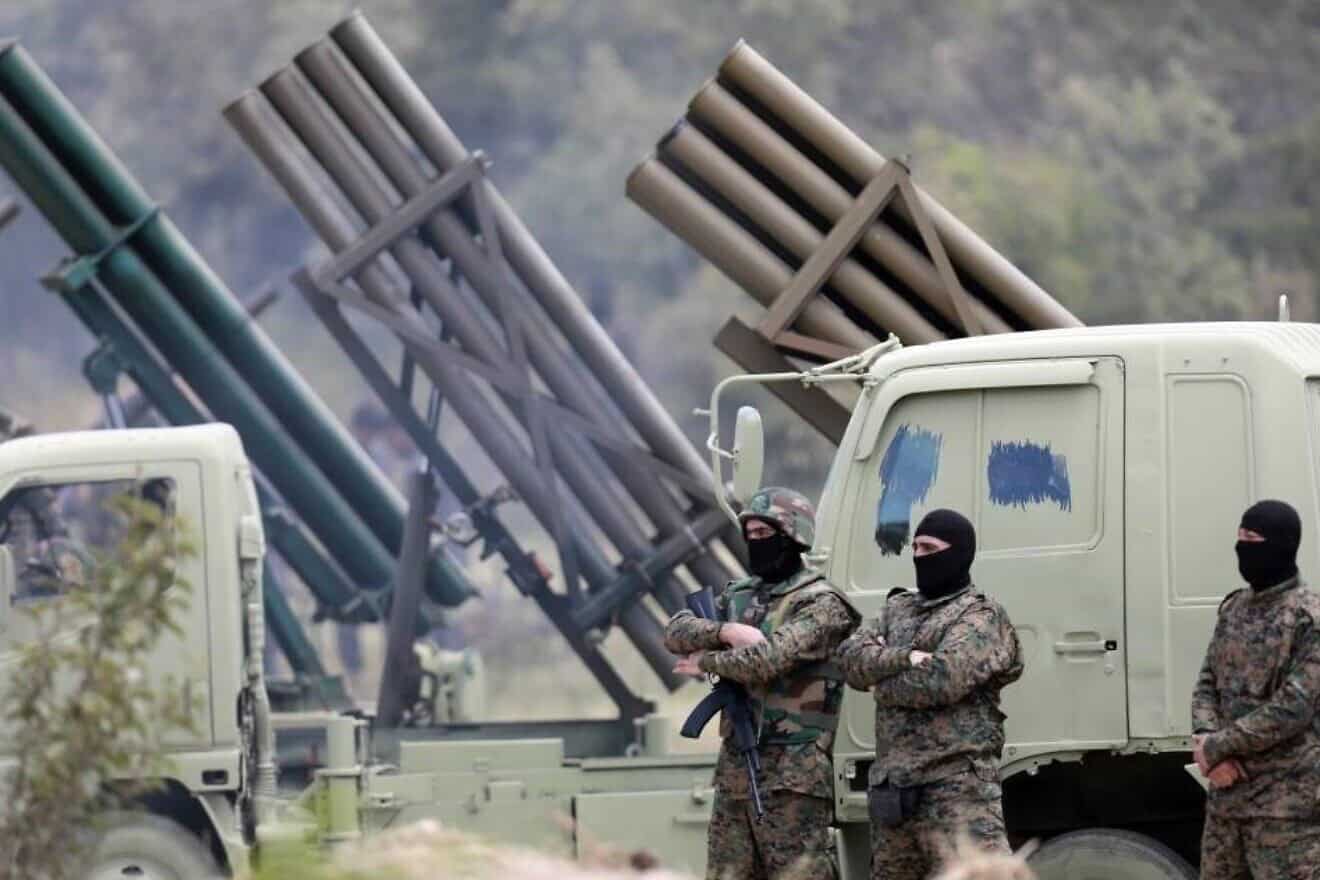 Hezbollah gunmen and rocket launchers in Southern Lebanon, May 2023. Credit: Tasmin News Agency via Wikimedia Commons.
