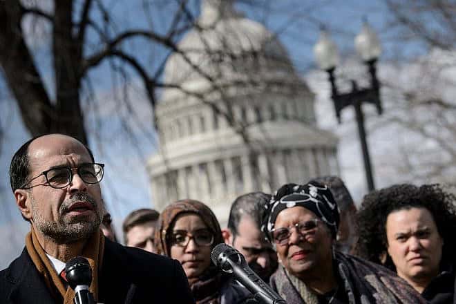 The executive director of the Council on American-Islamic Relations (CAIR), Nihad Awad, speaks during a press conference on Capitol Hill in Washington, D.C., to support Rep. Ilhan Omar (D-Minn.) on March 6, 2019. Photo by Brendan Smialowski/AFP via Getty Images.