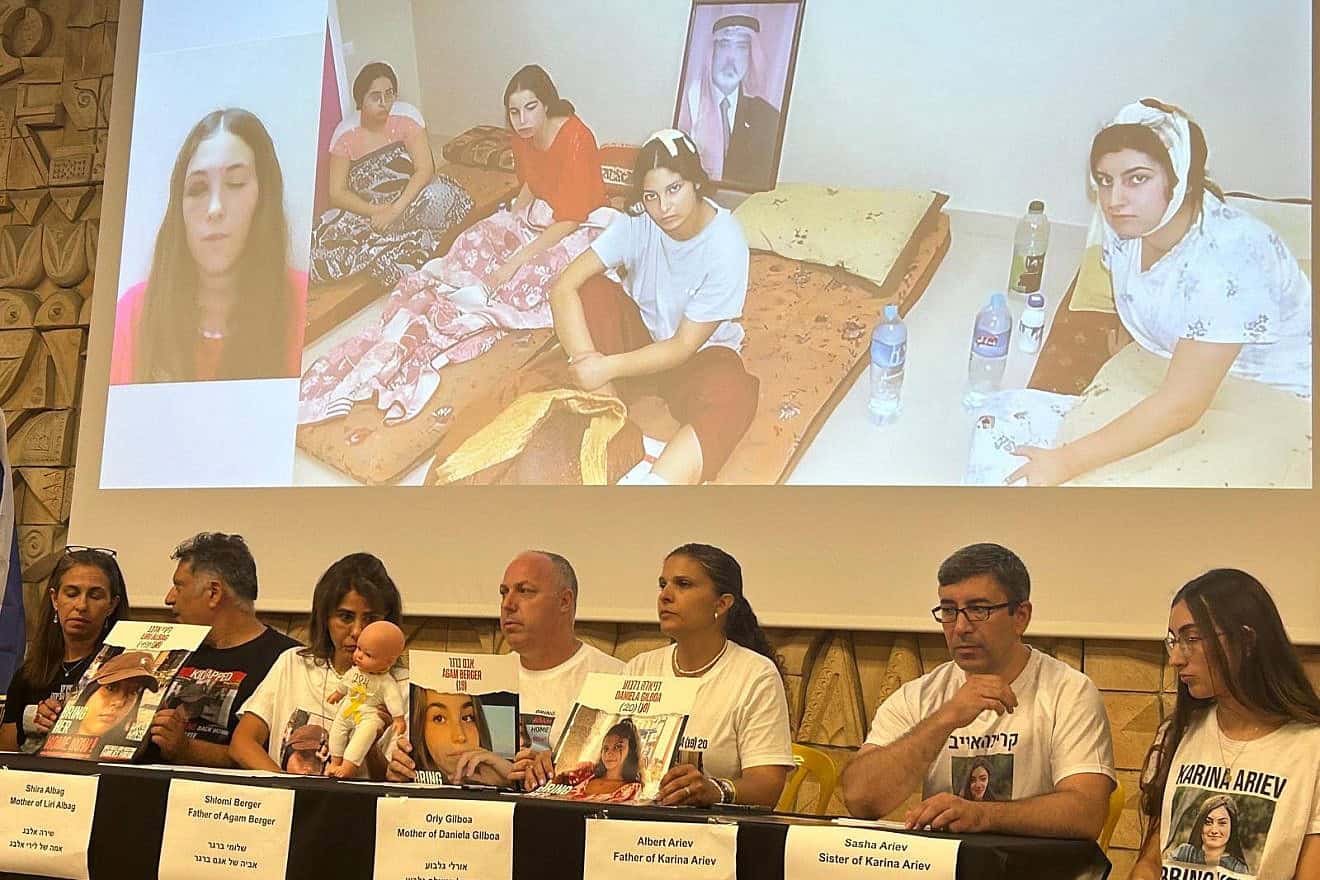 The parents of Liri Albag, Karina Ariev, Agam Berger, Daniella Gilboa and Naama Levy, at a press briefing at the Hostage and Missing Families Forum HQ in Tel Aviv, July 16, 2024. Photo by Amelie Botbol.