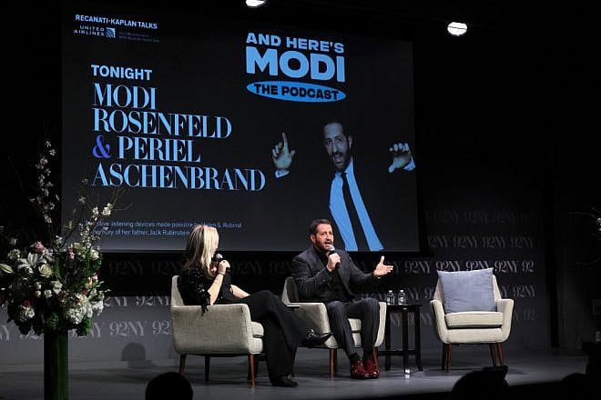 Stand-up comedian and actor Modi Rosenfeld and writer, comic and producer Periel Aschenbrand speak onstage at the 92nd Street Y in Manhattan, Feb. 01, 2024. Photo by Dia Dipasupil/Getty Images.