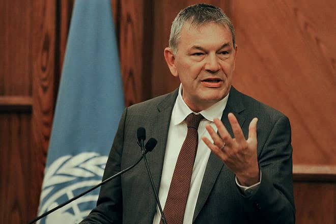 UNRWA Commissioner-General Philippe Lazzarini during a joint press conference with Jordanian Foreign Minister Ayman Safadi in Amman on July 9, 2024. Photo by Khalil Mazraawi/AFP via Getty Images.