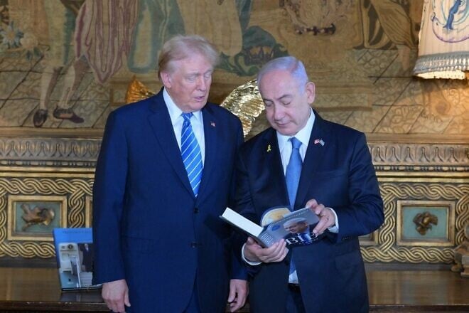 Former President Donald Trump, also the current 2024 Republican presidential candidate, meets with Israel Prime Minister Benjamin at Trump's Mar-a-Lago estate in Palm Beach, Fla., on July 26, 2024. Credit: Amos Ben-Gershom/GPO.