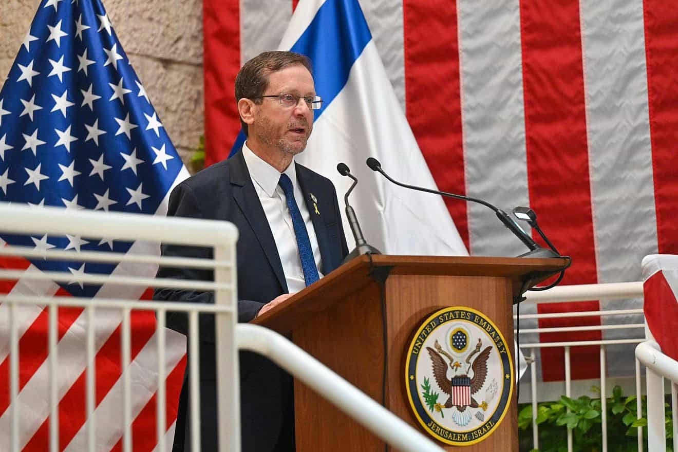Israeli President Isaac Herzog offers remarks ahead of the U.S.'s Independence Day at the American embassy in Jerusalem, July 3, 2024. Photo by Koby Gideon/GPO.