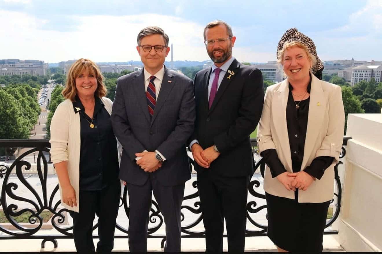 From left: Ruthie Lieberman, government-relations adviser of the Binyamin Regional Council; Mike Johnson (R-La.), speaker of the House; Yisrael Ganz, chairman of the Yesha Council and governor of the Binyamin Regional Council; and Eliana Passentin, director of the foreign desk of Binyamin Regional Council. Credit: Courtesy of the Binyamin Regional Council.
