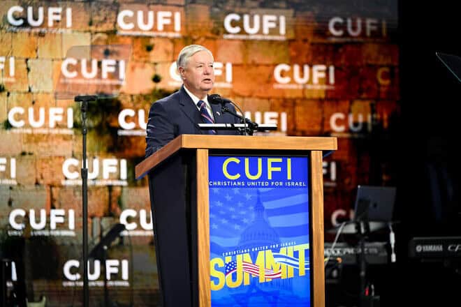 Sen. Lindsey Graham (R-S.C.) speaking at the annual Christians United for Israel outside of Washington, D.C., on July 29, 2024. Credit: CUFI.