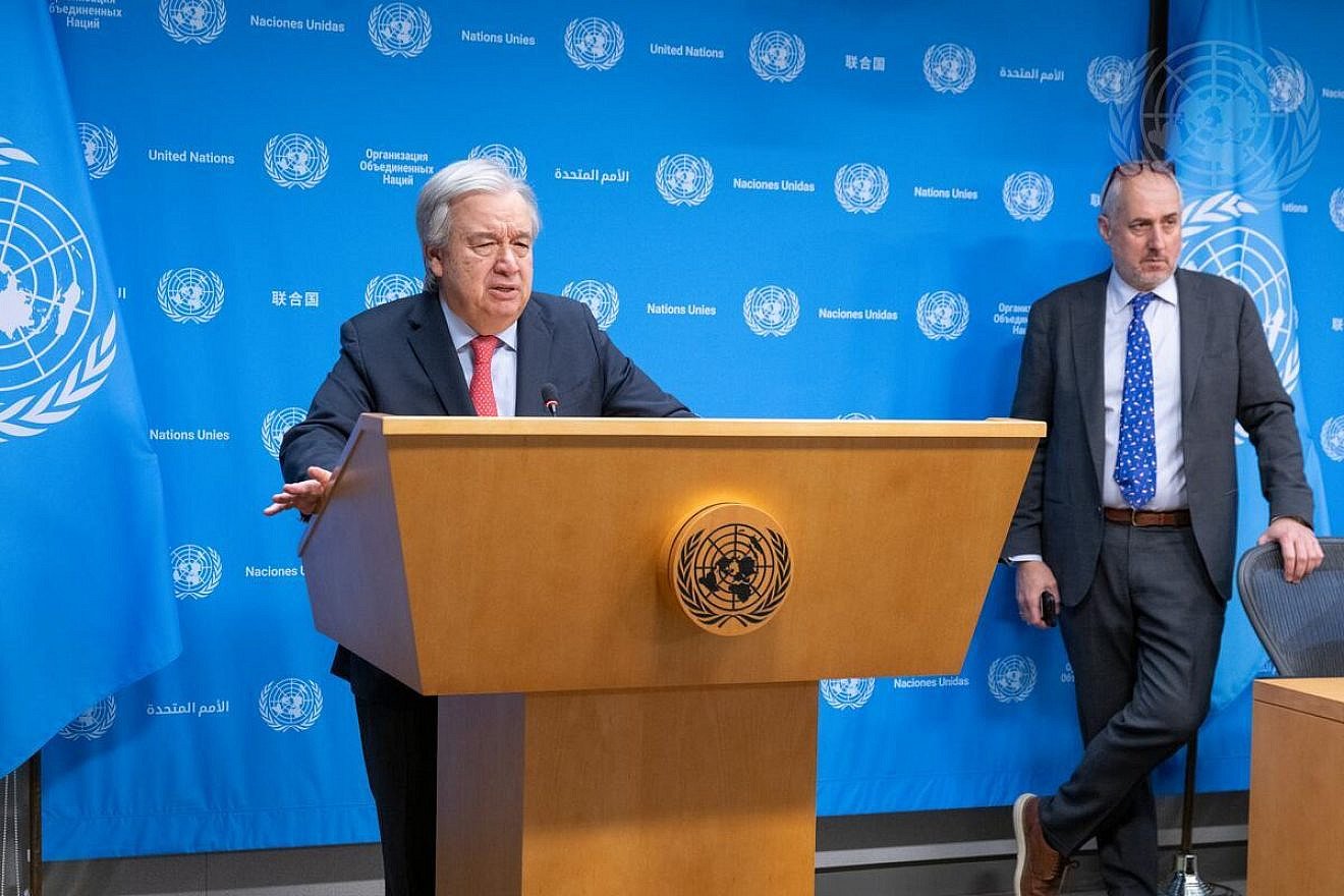 U.N. Secretary-General António Guterres briefs reporters on the situation in the Gaza Strip, as Stéphane Dujarric, his spokesman, looks on, Dec. 22, 2023. Credit: Eskinder Debebe/U.N. Photo.
