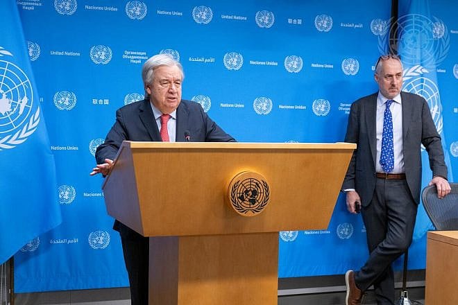 U.N. Secretary-General António Guterres briefs reporters on the situation in the Gaza Strip, as Stéphane Dujarric, his spokesman, looks on, Dec. 22, 2023. Credit: Eskinder Debebe/U.N. Photo.