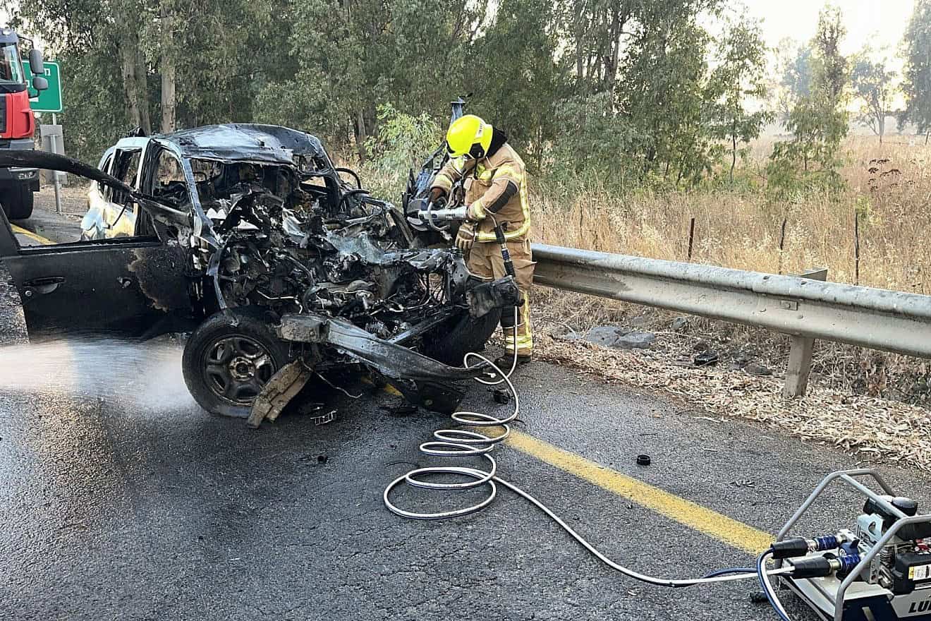 Israeli rescue forces at the scene of a Hezbollah rocket attack in the Golan Heights, July 9, 2024. Credit: Israel Fire and Rescue Services.