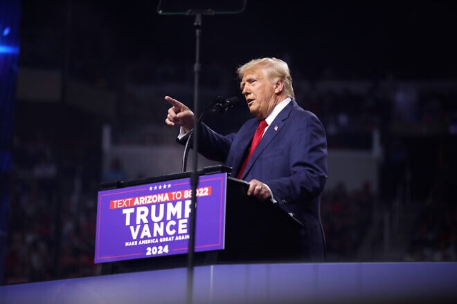 Former President Donald Trump at an “Arizona for Trump” rally at Desert Diamond Arena in Glendale, Ariz., on Aug. 23, 2024. Credit: Gage Skidmore/Creative Commons.