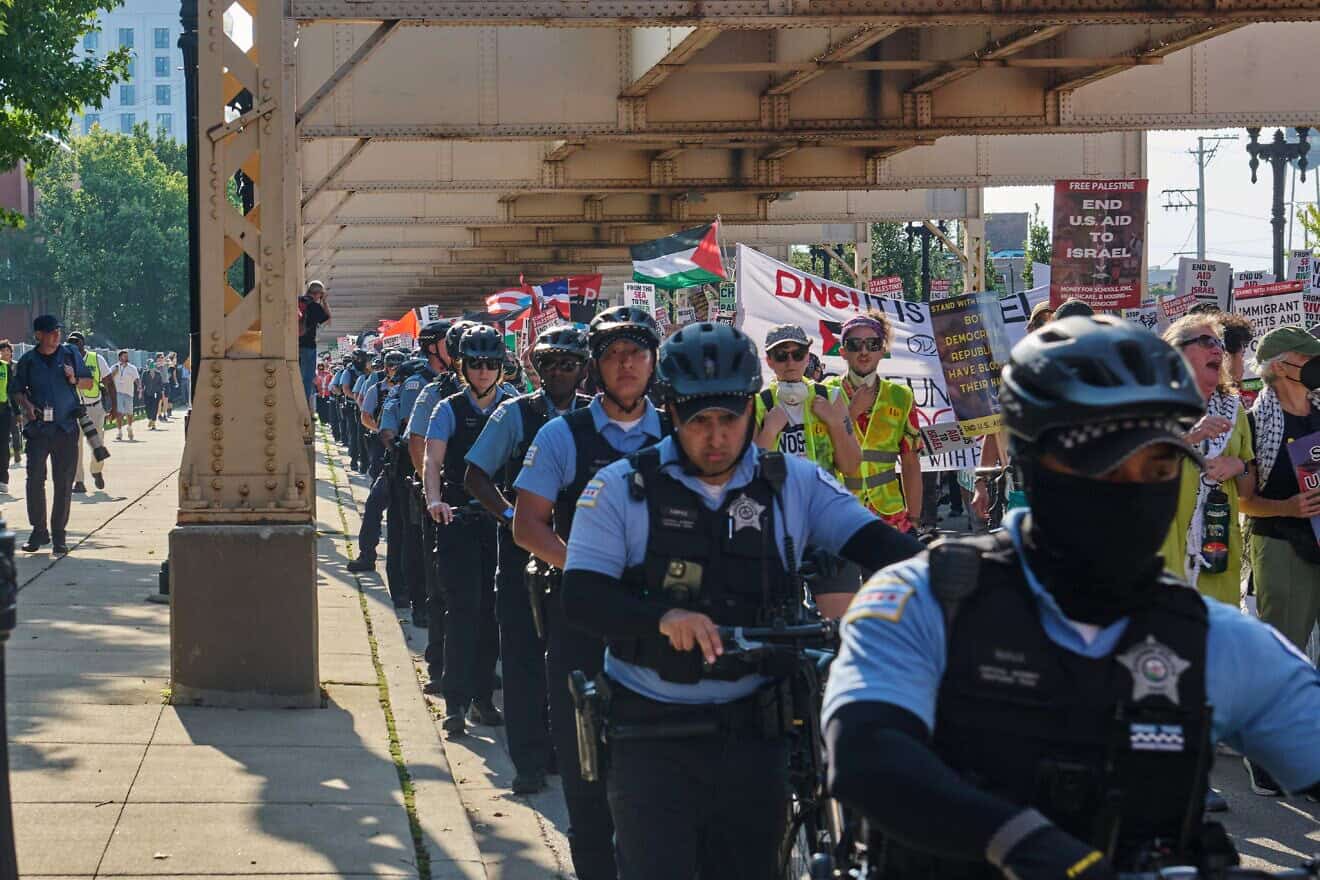 Activists protest the 2024 Democratic National Convention in Chicago on Aug. 19, 2024. Photo by Dominic Gwinn/Middle East Images/AFP via Getty Images.