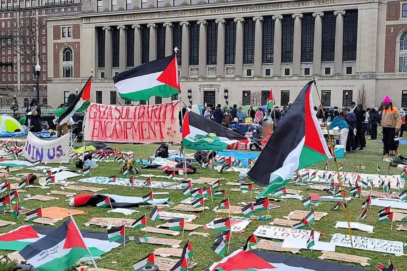 The Gaza solidarity encampment at Columbia University, April 21, 2024. Credit: Abbad Diraneyya/ via Wikimedia Commons.