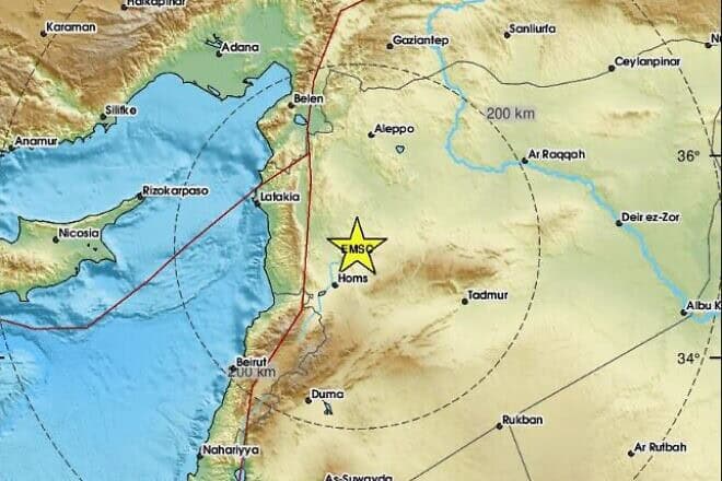 The epicenter of an earthquake near Homs, Syria, on Aug. 12, 2024. Source: European-Mediterranean Seismological Centre.