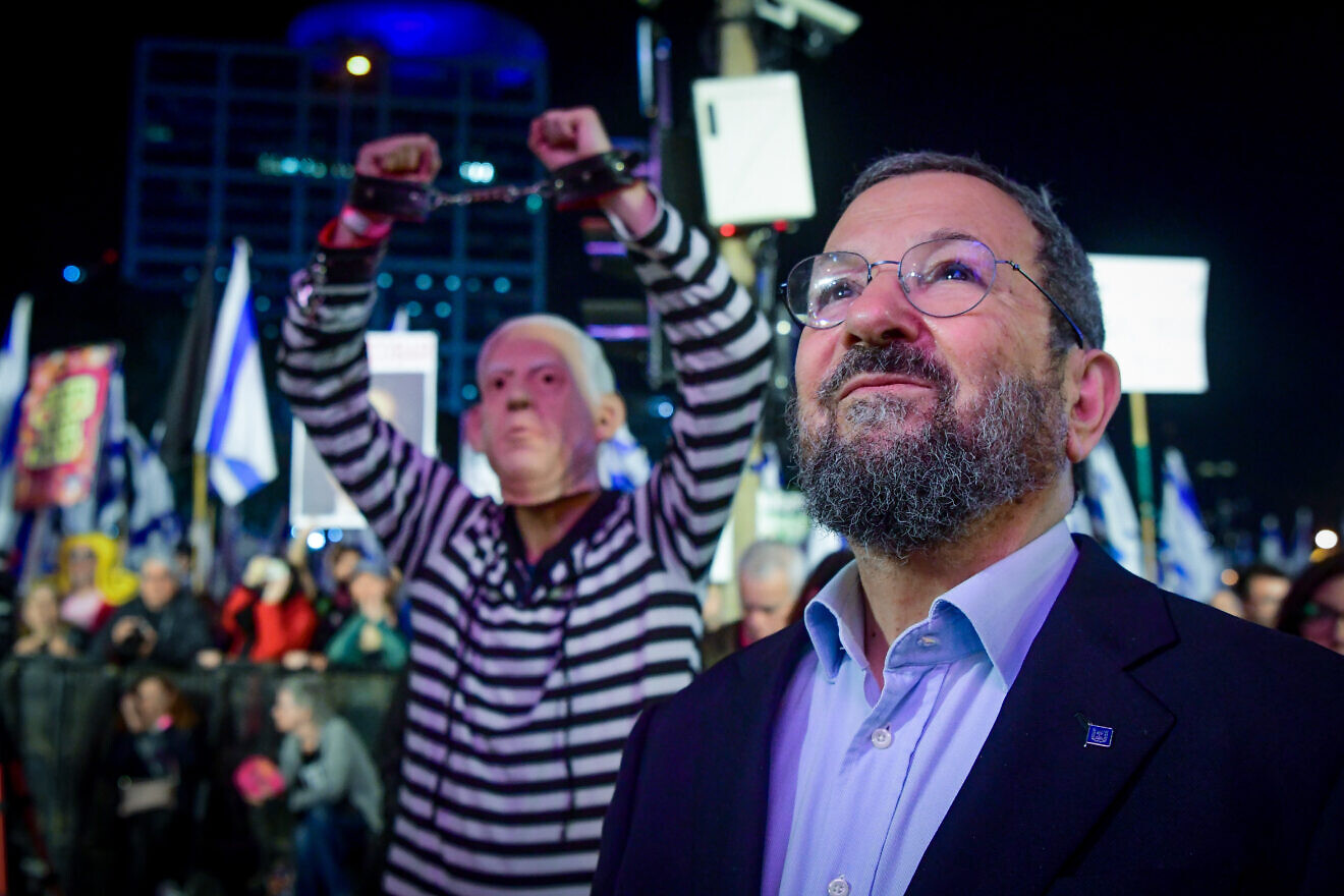 Former Prime Minister Ehud Barak at a protest in Tel Aviv against the Israeli government's planned judicial reform, Feb. 25, 2023.  Photo by Avshalom Sassoni‎‏/Flash90.