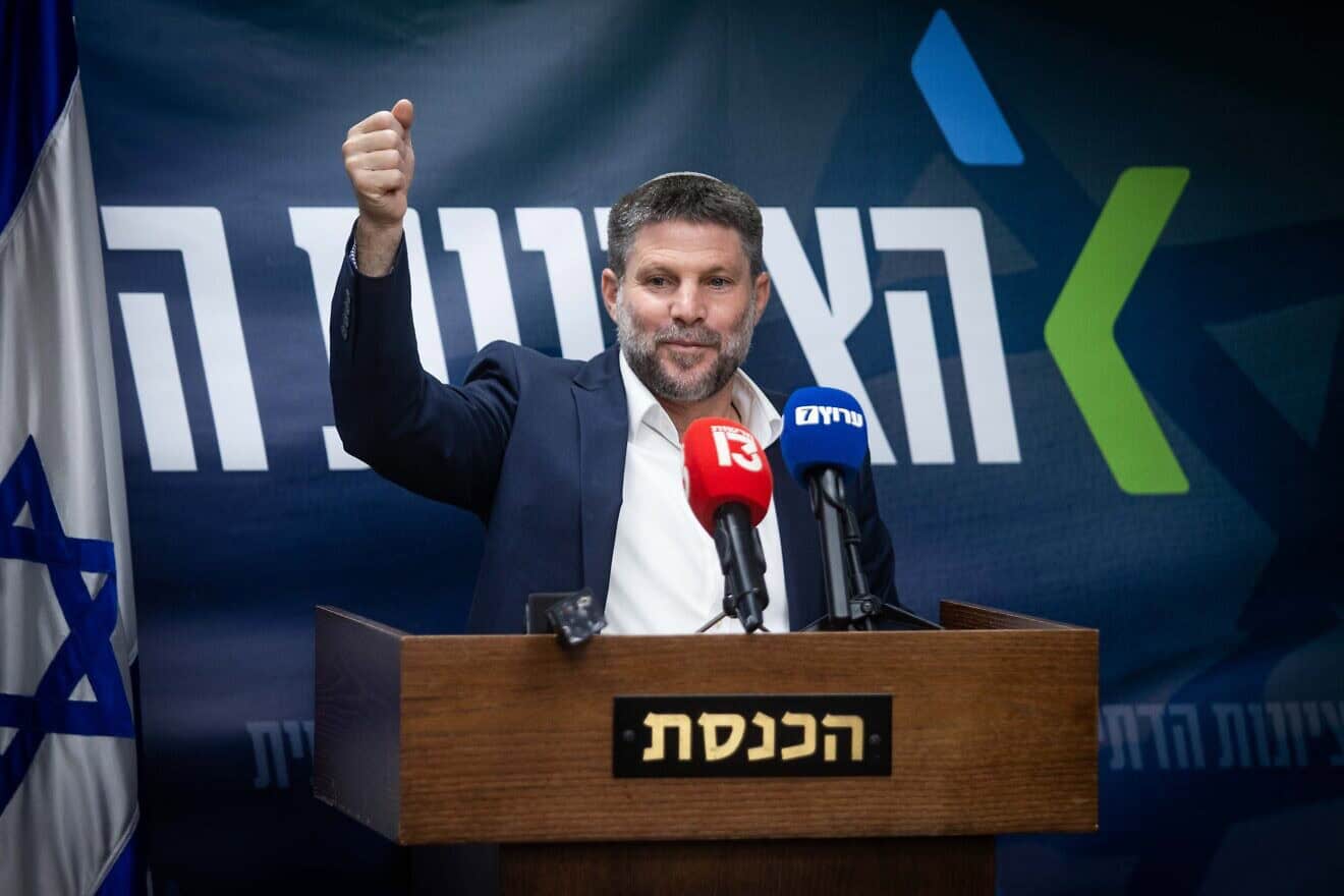 Israeli Finance Minister Bezalel Smotrich leads a faction meeting of his Religious Zionism Party at the Knesset in Jerusalem, July 22, 2024. Photo by Oren Ben Hakoon/Flash90.