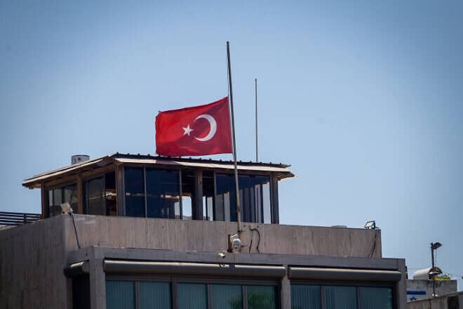 The Turkish Embassy in Tel Aviv lowered the national flag to half-mast after the killing in Tehran on July 31, 2024, of Hamas leader Ismail Haniyeh, Aug. 2, 2024. Photo by Avshalom Sassoni/Flash90.
