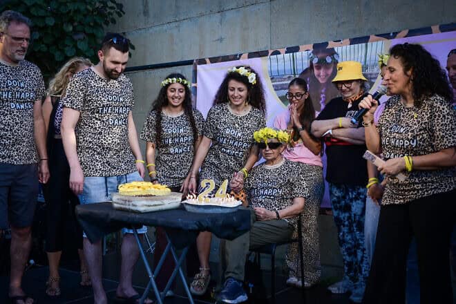 Family members of Israeli hostage Romi Gonen celebrate her 24th birthday in Hamas captivity in Tel Aviv, Aug. 18, 2024. Photo by Avshalom Sassoni/Flash90.