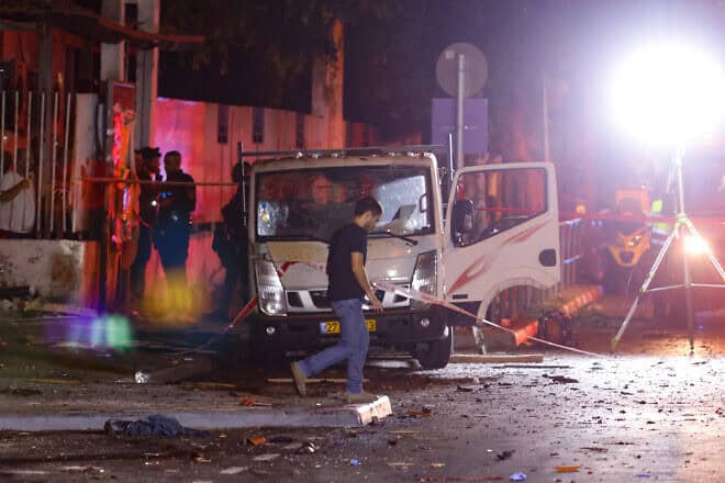 Security and rescue forces at the scene of an explosion in south Tel Aviv, Aug. 18, 2024. Photo by Yehoshua Yosef/Flash90.
