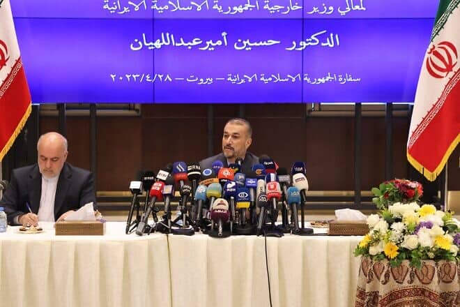 Iran's Foreign Minister Hossein Amir-Abdollahian (right) holds a press conference alongside his country's Ambassador in Lebanon Mojtaba Amani at the embassy in Beirut, on April 28, 2023. Photo by Joseph Eid/AFP via Getty Images.