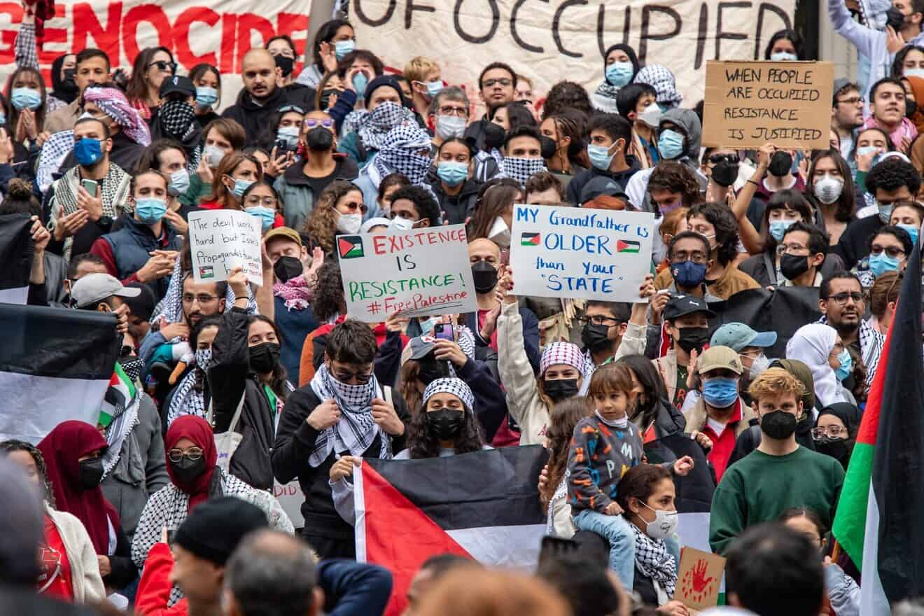 Supporters of Palestine gather in Harvard Yard at a rally in Cambridge, Mass., on Oct. 14, 2023. Photo by Joseph Prezioso/AFP via Getty Images.