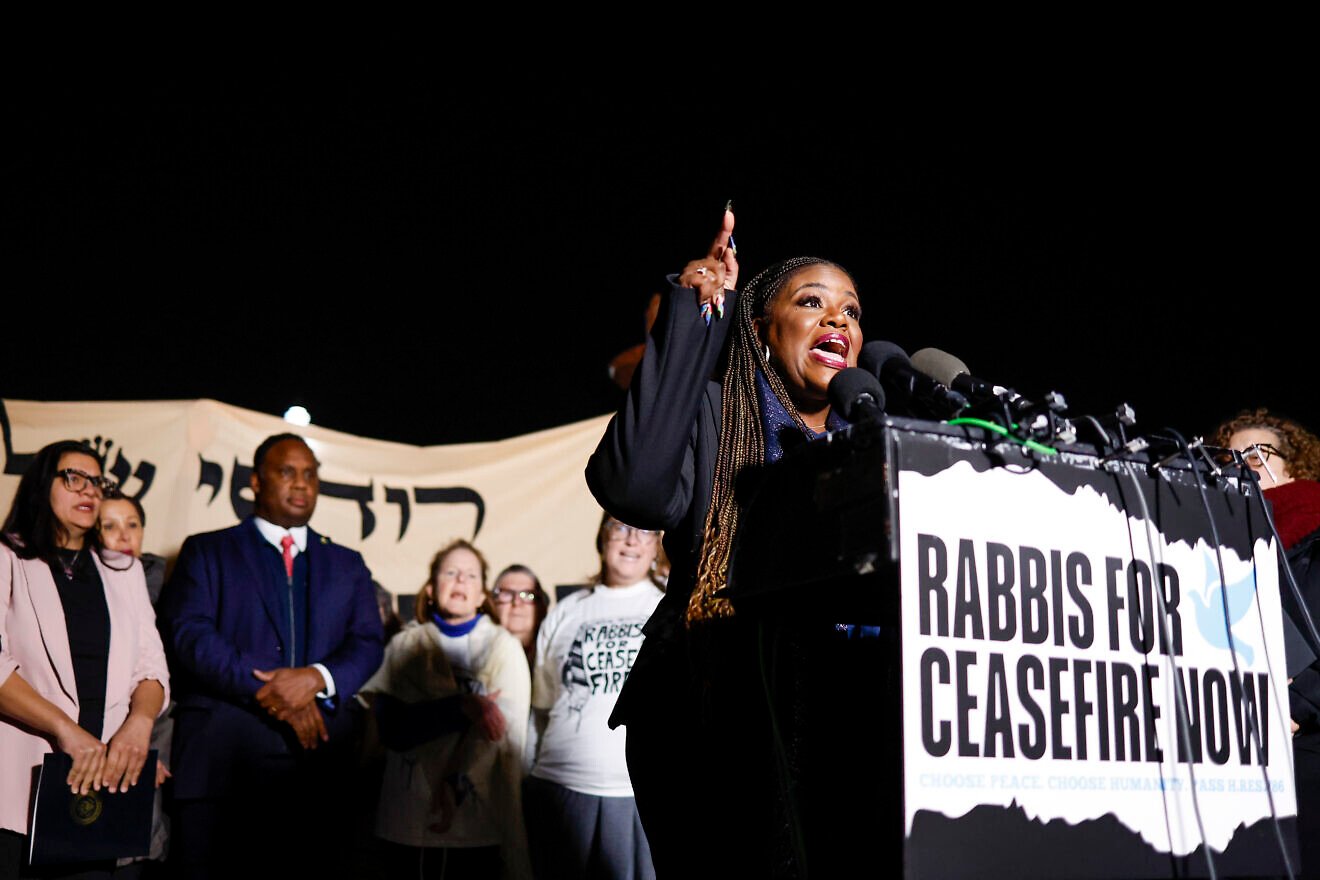Rep. Cori Bush (D-Mo.) speaks at a news conference calling for a ceasefire in the Gaza Strip outside the U.S. Capitol building in Washington, D.C., on Nov. 13, 2023. Photo by Anna Moneymaker/Getty Images.