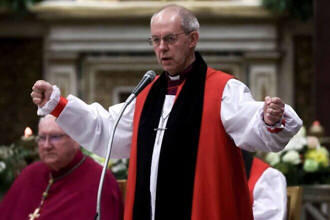 Archbishop of Canterbury Justin Welby speaks during the celebration of the second vespers on the occasion of the solemnity of the conversion of St. Paul led by Pope Francis at St Paul's Basilica in Rome on Jan. 25, 2024. Photo by Alessandra Benedetti/Corbis via Getty Images.