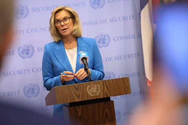 Sigrid Kaag, the United Nations' senior humanitarian and reconstruction coordinator for the Gaza Strip, speaks during a press conference at the U.N. headquarters in New York City, Jan. 30, 2024. Photo by Michael M. Santiago/Getty Images.