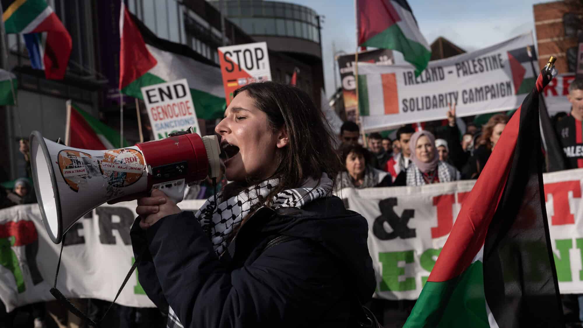 A protest by the Ireland-Palestine Solidarity Campaign in Dublin on Feb. 17, 2024. Photo by Natalia Campos/Getty Images.
