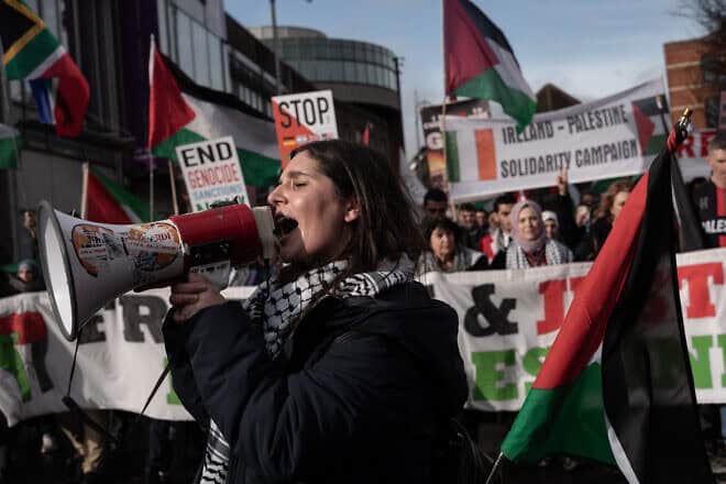 A protest by the Ireland-Palestine Solidarity Campaign in Dublin on Feb. 17, 2024. Photo by Natalia Campos/Getty Images.