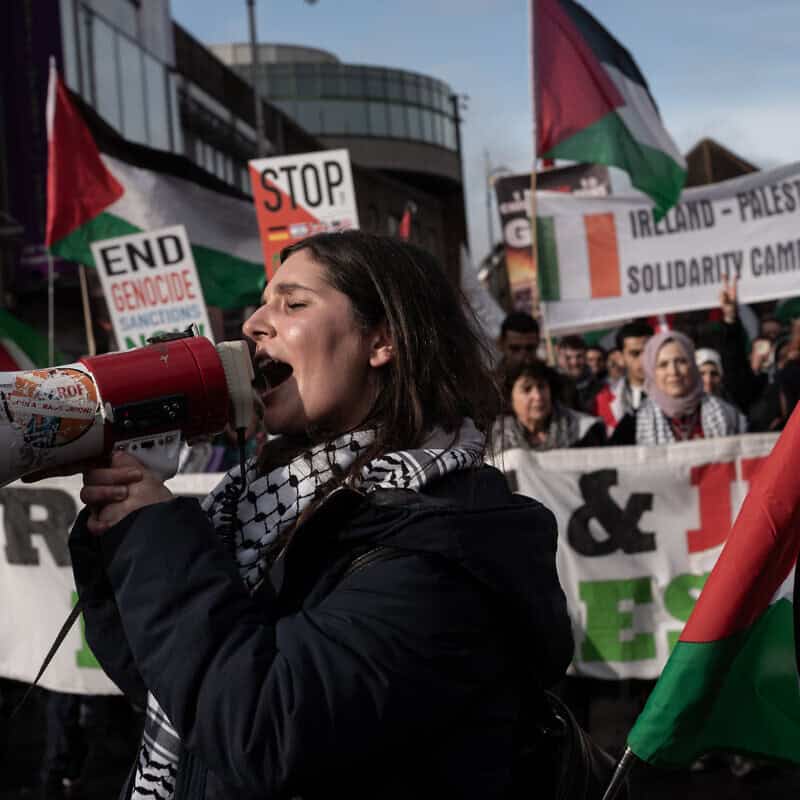 A protest by the Ireland-Palestine Solidarity Campaign in Dublin on Feb. 17, 2024. Photo by Natalia Campos/Getty Images.