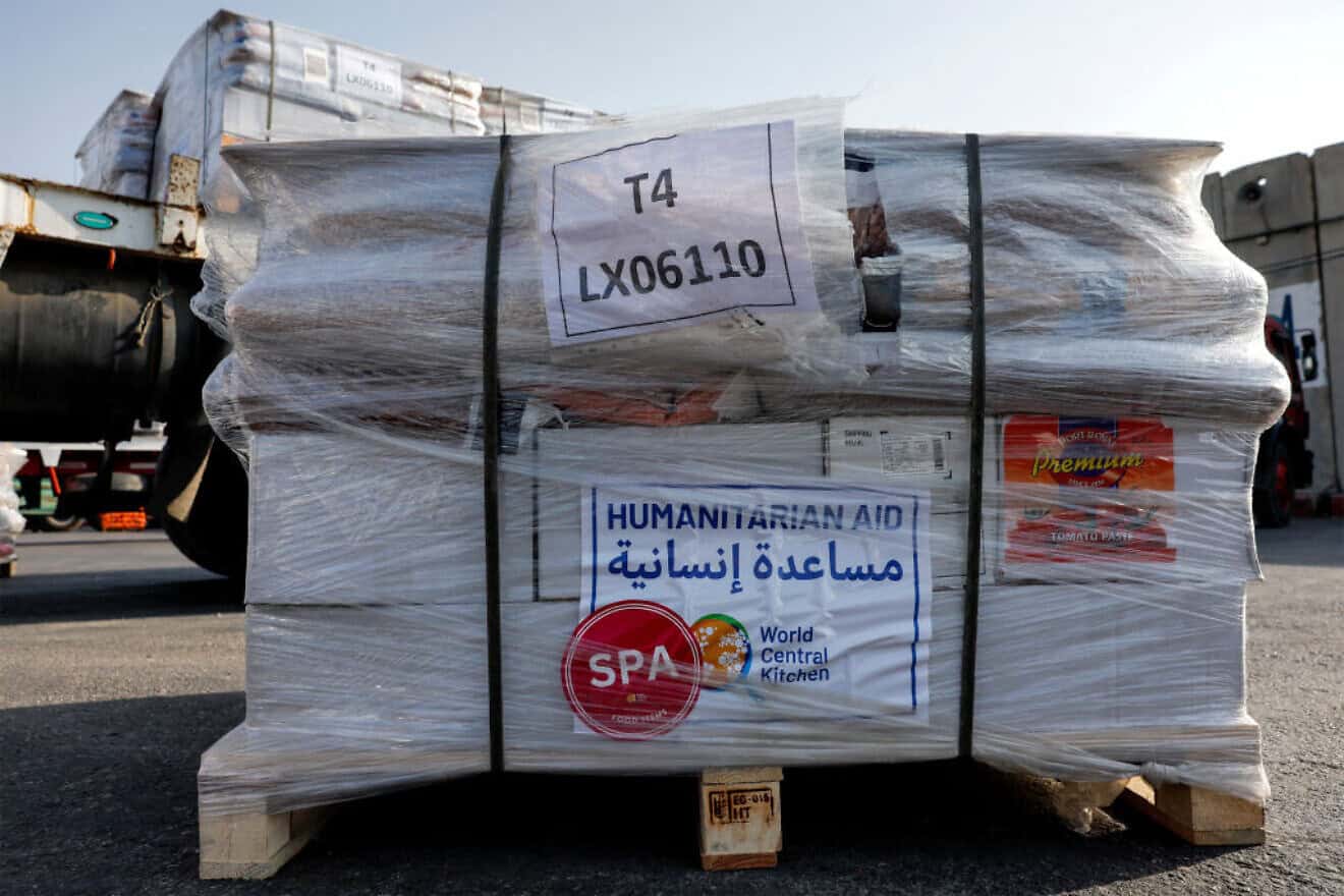 Offloaded boxes of humanitarian aid with the logo of World Central Kitchen (WCK) are pictured at the Kerem Shalom border crossing with the Gaza Strip in southern Israel on May 1, 2024. Photo by Evelyn Hockstein/POOL/AFP via Getty Images.