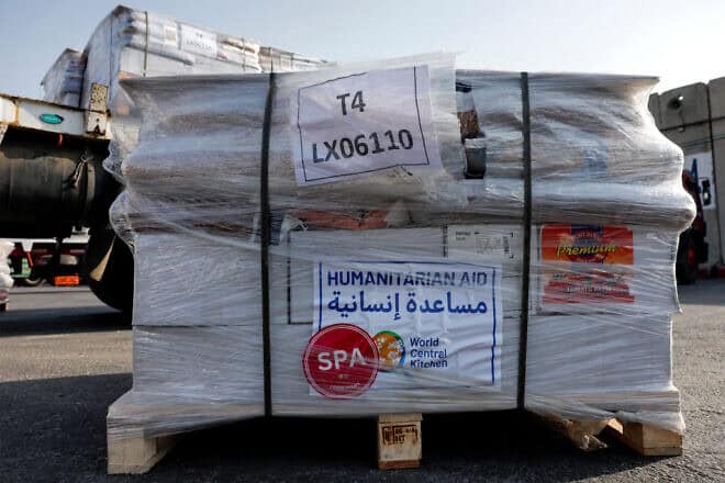Offloaded boxes of humanitarian aid with the logo of World Central Kitchen (WCK) are pictured at the Kerem Shalom border crossing with the Gaza Strip in southern Israel on May 1, 2024. Photo by Evelyn Hockstein/POOL/AFP via Getty Images.