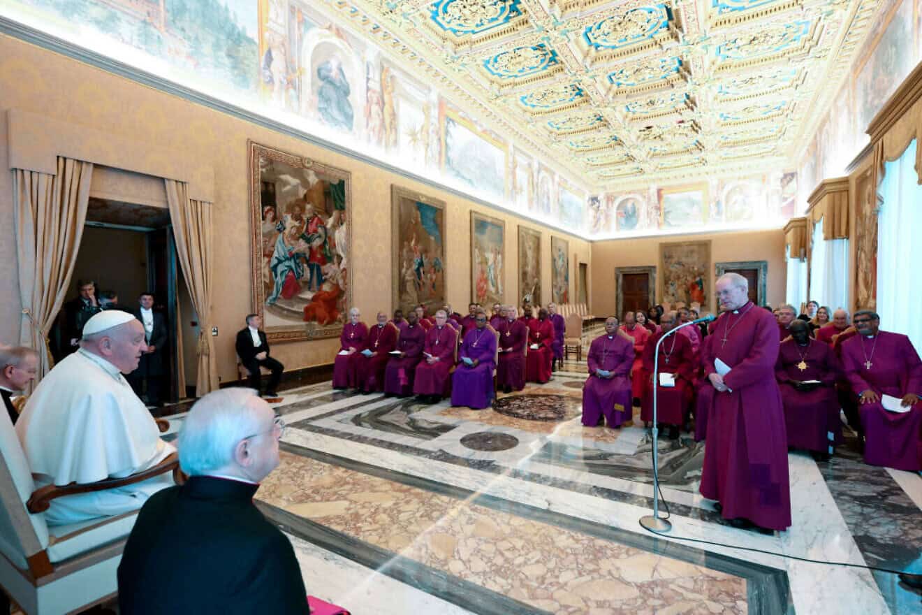 Archbishop of Canterbury Justin Welby speaks during a meeting with Pope Francis and Primates of the Anglican Communion at the Apostolic Palace in Vatican City on May 2, 2024. Photo by Vatican Media via Vatican Pool/Getty Images.