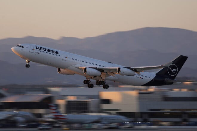 A Lufthansa Airbus A340-313 aircraft departs from Los Angeles International Airport en route to Frankfurt in Los Angeles, on May 5, 2024. Photo by Kevin Carter/Getty Images.