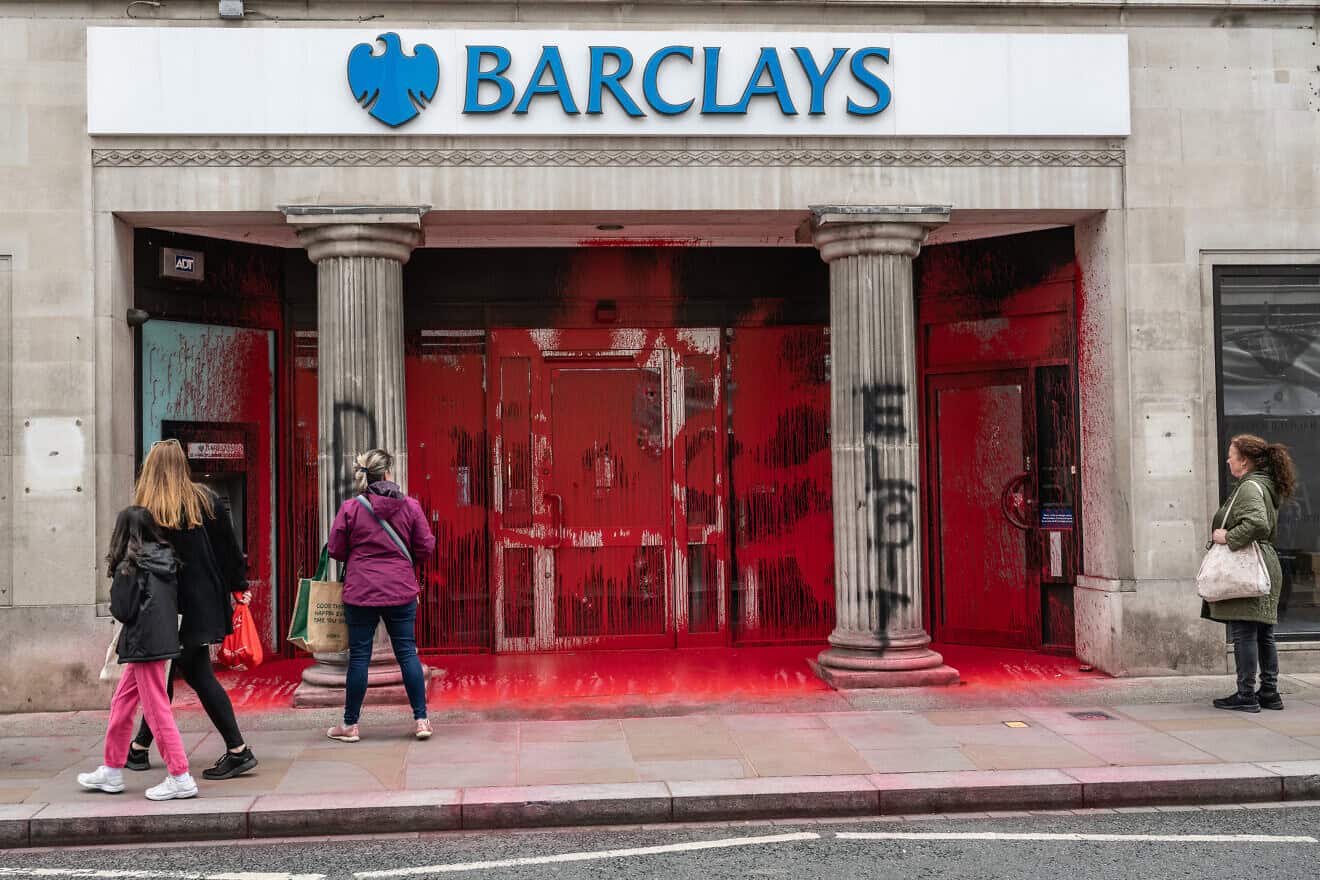 The scene at Barclay's bank in Richmond after several branches were attacked overnight by supporters of Palestine Action over links to Elbit Systems and the Israeli military on June 10, 2024 in London, England. (Photo by Guy Smallman/Getty Images)