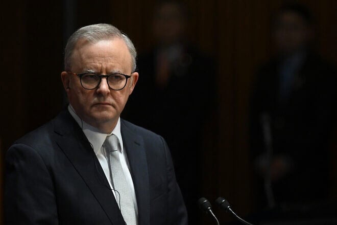 Australia's Prime Minister Anthony Albanese speaks to the media during a signing ceremony with China's Premier Li Qiang at Parliament House in Canberra on June 17, 2024. Photo by Lukas Coch/POOL/AFP via Getty Images.