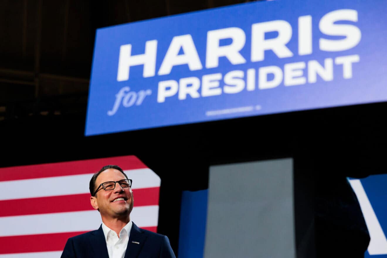 Pennsylvania Gov. Josh Shapiro, a Democrat, speaks during a campaign rally for U.S. Vice President Kamala Harris in Ambler, Pa., on July 29, 2024. Photo by Hannah Beier/Getty Images.