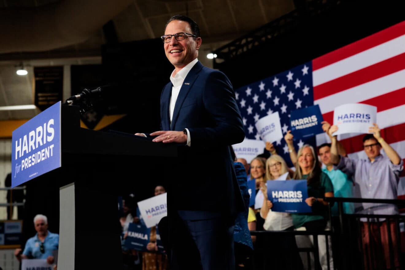 Pennsylvania Gov. Josh Shapiro, a Democrat, speaks during a campaign rally for U.S. Vice President Kamala Harris in Ambler, Pa., on July 29, 2024. Photo by Hannah Beier/Getty Images.