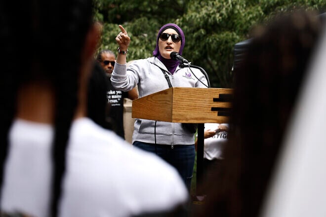 Linda Sarsour at a protest in Washington Square Park in New York on July 28, 2024. Photo by John Lamparski/Getty Images.