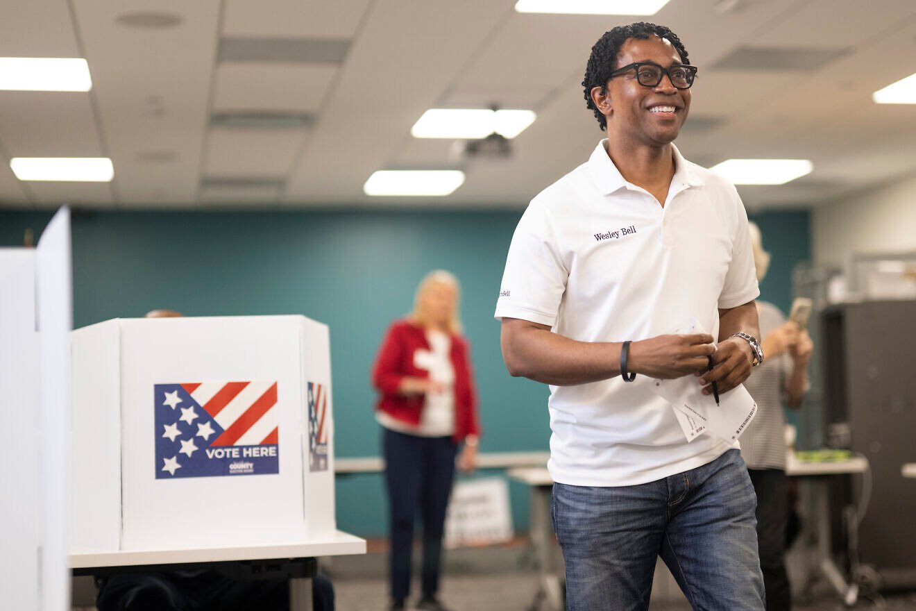 Congressional candidate Wesley Bell cast his ballot at the Mid County Branch Library on Aug. 6, 2024 in Clayton, Mo. Photo by Michael B. Thomas/Getty Images.