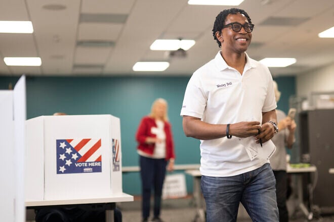 Congressional candidate Wesley Bell cast his ballot at the Mid County Branch Library on Aug. 6, 2024 in Clayton, Mo. Photo by Michael B. Thomas/Getty Images.