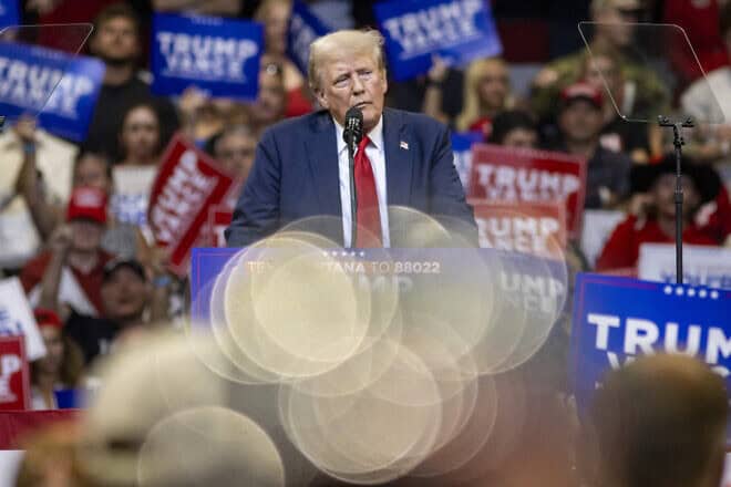 Former President and current Republican candidate for the White House Donald Trump speaks during an election campaign rally in Bozeman, Mont., on Aug. 9, 2024. Photo by Natalie Behring/AFP via Getty Images.